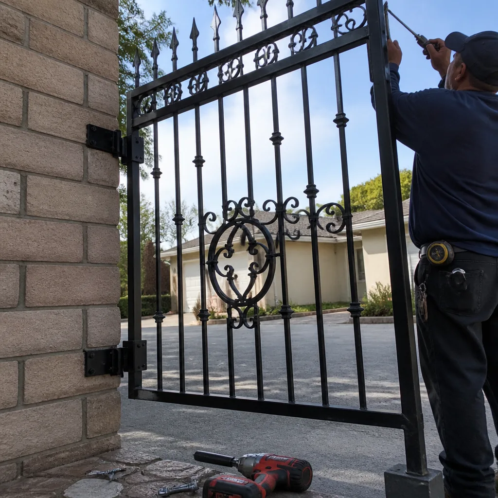 Technician performing professional iron gate installation and repair