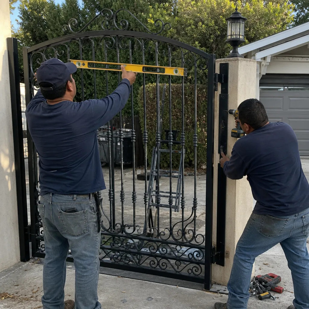 Two professional technicians installing a decorative wrought iron gate