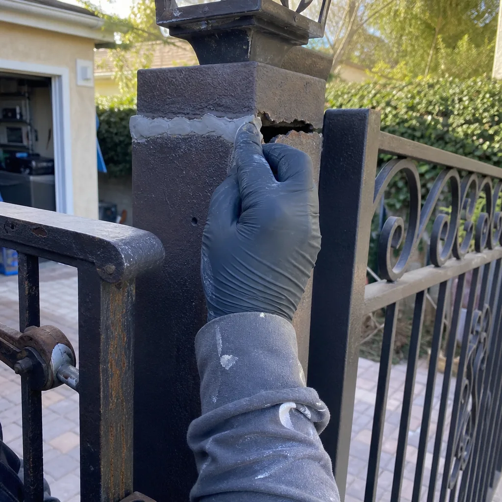 Professional technician repairing a damaged metal gate post with epoxy