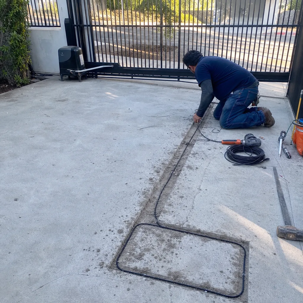Technician installing underground vehicle loop sensor for automatic gate system in Tarzana, CA