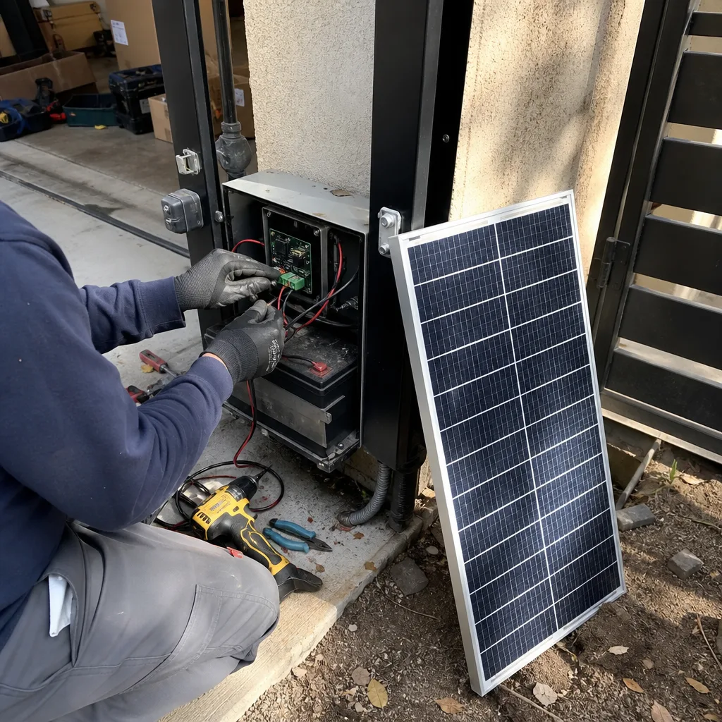Technician performing gate access control and solar power installation in Tarzana, CA