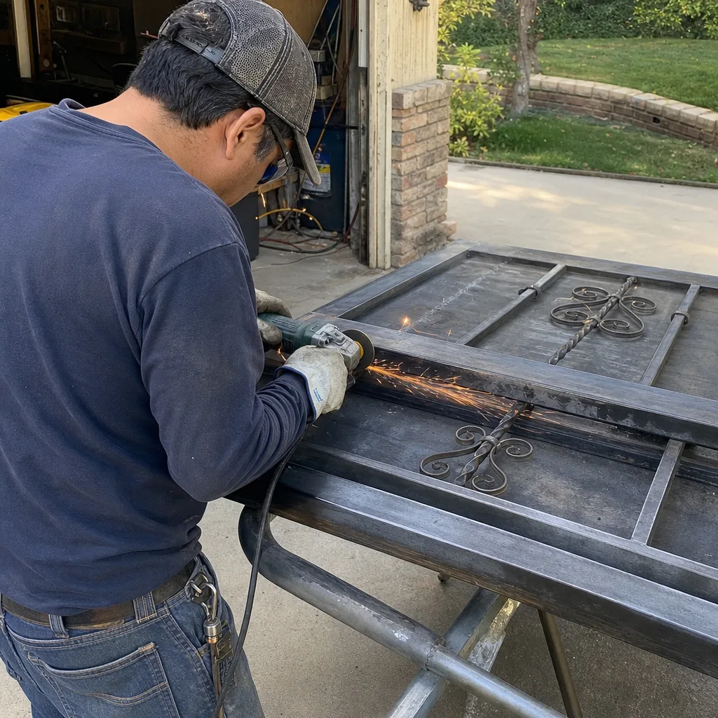 Metalworker using an angle grinder for professional iron gate repair services in Tarzana, CA